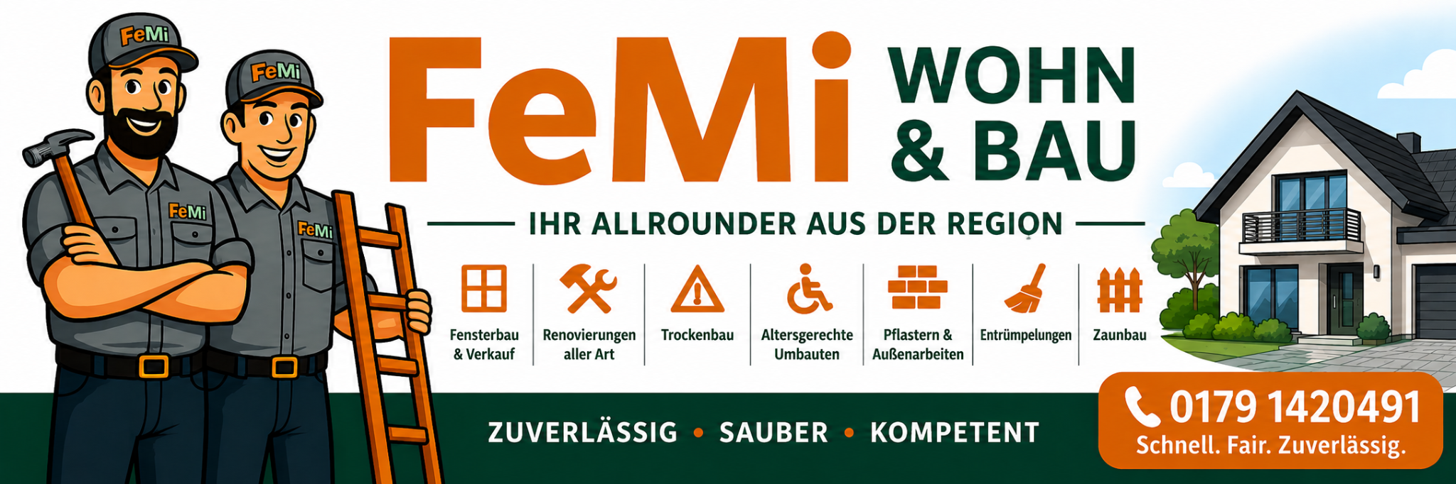 FeMi Wohn & Bau Banner mit Leistungen und Kontakt